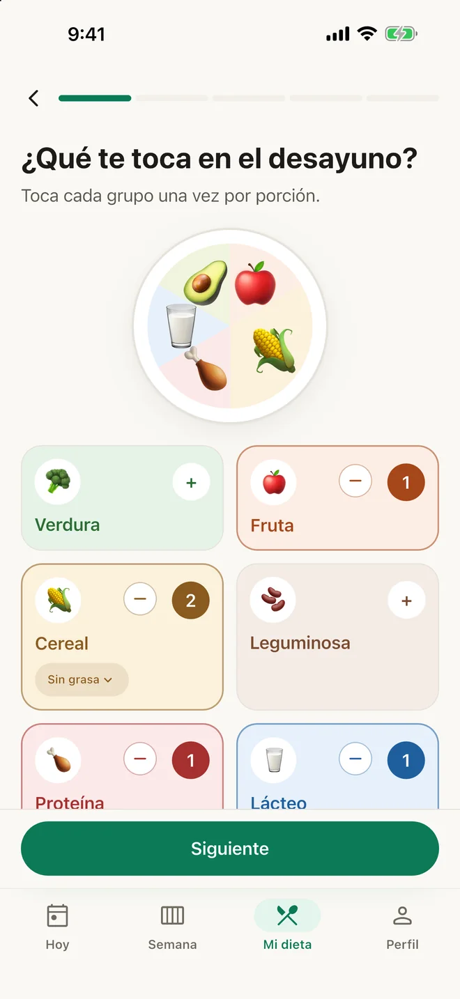 My plan screen: a plate that fills up with vegetable, fruit, grain, protein and dairy emojis, and a card for each food group.